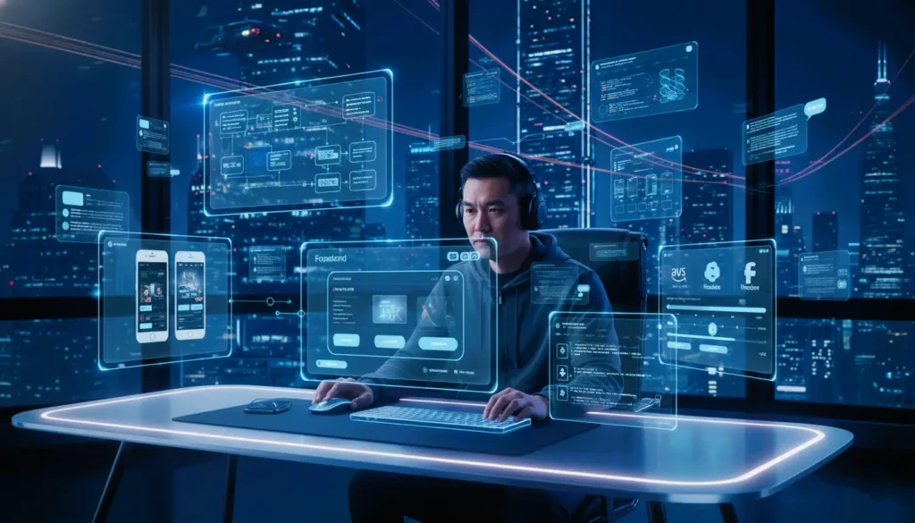 Prompt: A modern developer workspace showing a professional building a full-stack application. Holographic screens display frontend UI/UX mockups, mobile app prototypes, backend server architecture, and cloud deployment dashboards (AWS, Firebase, Vercel). Floating 3D visuals of code snippets, database schemas, API integrations, and real-time chat/message flows. Neon blue and purple lighting with a futuristic tech-office aesthetic. Ultra-realistic, cinematic 16:9 aspect ratio, emphasizing cross-platform app development, SDLC, and professional portfolio projects.