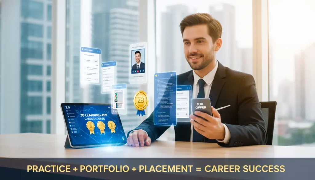 z8-learning-app-career-course, career development course, job placement training program, online career certification, industry-ready skills training, professional portfolio building, career coaching platform, interactive coding labs