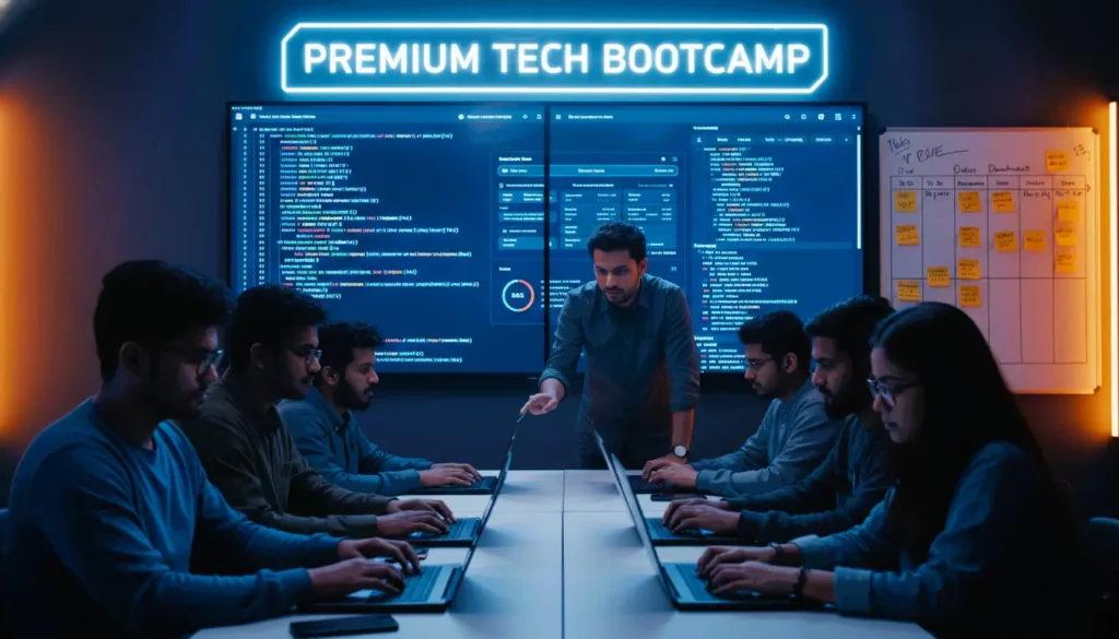 Prompt: A high-energy mobile app development bootcamp in Chittagong, Bangladesh, focused young developers coding intensely on laptops in a modern tech lab, large digital screen displaying Flutter code, SaaS dashboard interface, and real-time Firebase database activity, mentor actively guiding students, agile sprint board with tasks, dynamic blue and orange lighting, fast-paced startup atmosphere, ultra-realistic, cinematic lighting, sharp focus, depth of field, 16:9 aspect ratio, premium tech bootcamp banner, high resolution, powerful and motivating tone