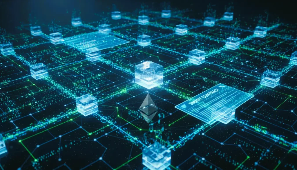 blockchain technology introduction diagram, distributed ledger network illustration, Ethereum and Bitcoin blockchain nodes, smart contract execution visualization, decentralized ledger architecture concept