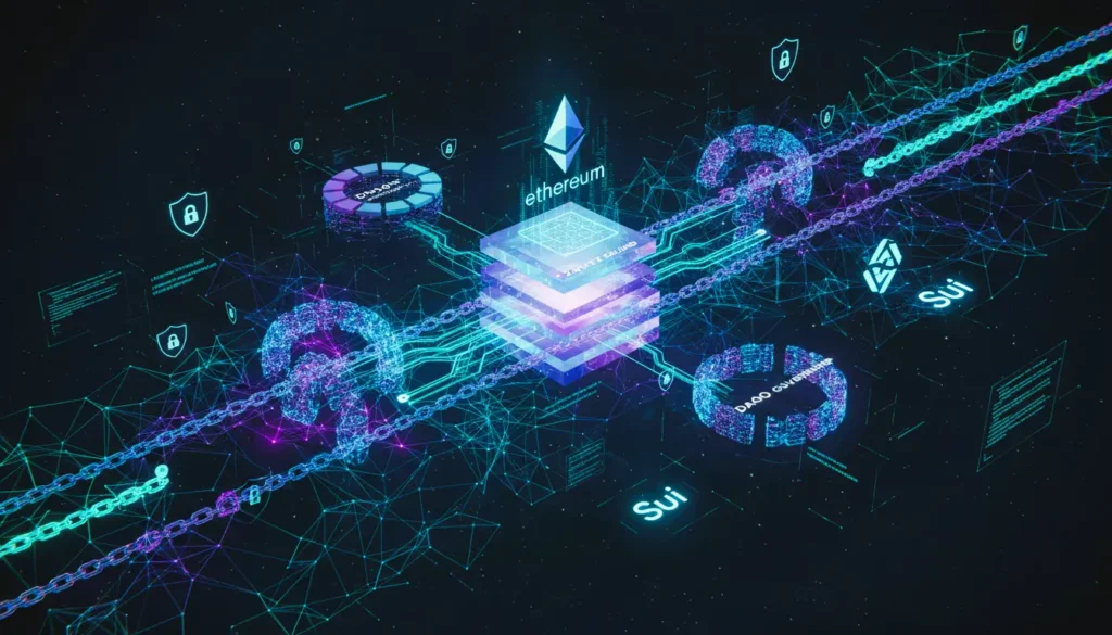 Advanced blockchain course, advanced blockchain course illustration, Ethereum and non-EVM cross-chain architecture, Layer 2 scaling and ZK-rollup visualization, smart contract security and audit diagram, DAO governance and tokenomics flow