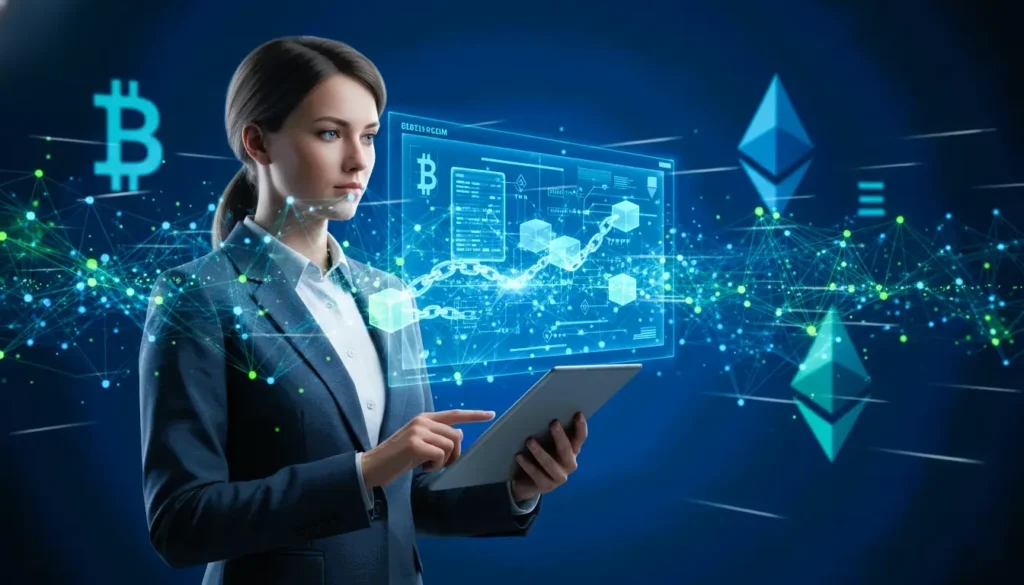 Blockchain technology illustration, Certified blockchain expert concept, Decentralized network digital art, Blockchain certification course image, Bitcoin and Ethereum blockchain graphic, Web3 and smart contract learning visual, Blockchain career training illustration