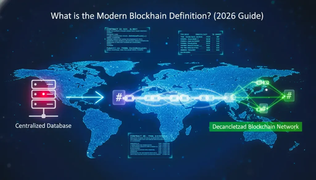 Blockchain definition, Blockchain technology, Distributed ledger technology, Decentralized network, Modern blockchain 2026, Blockchain vs traditional database, Smart contracts, Proof of Stake (PoS), Proof of Authority (PoA)