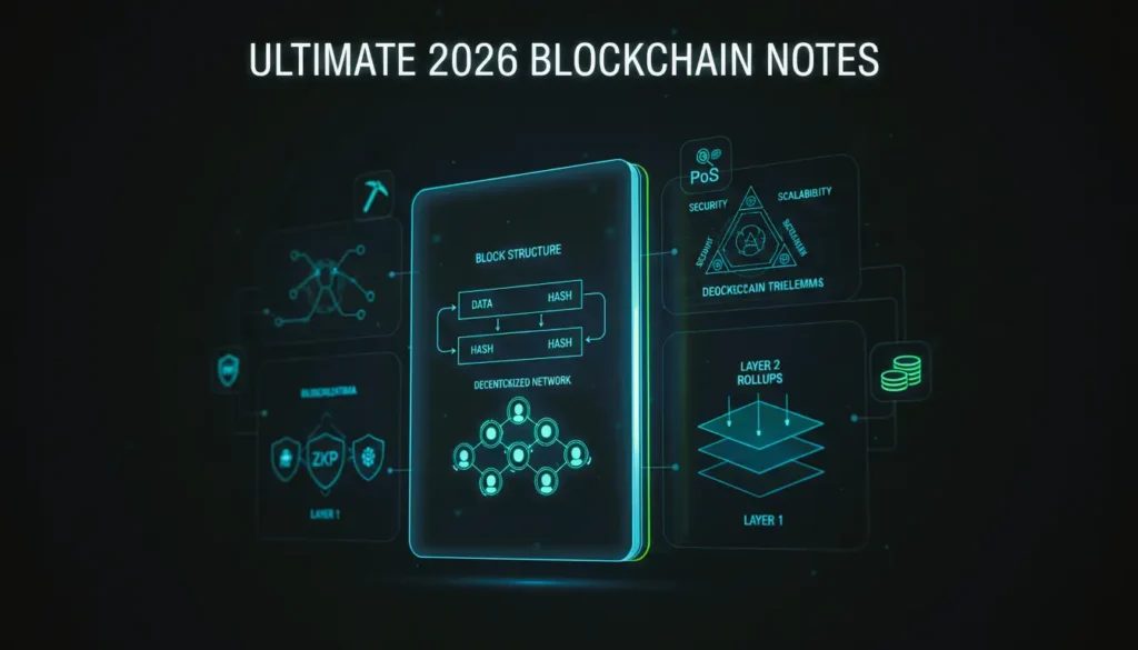 Blockchain Notes, Blockchain Notes 2026, Blockchain Core Concepts, Proof of Work vs Proof of Stake, Blockchain Trilemma, Zero-Knowledge Proofs, Layer 2 Scaling, Modular Blockchain Architecture