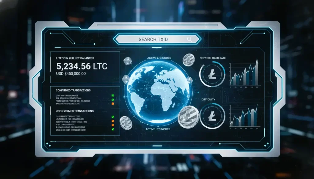 LTC blockchain explorer, Litecoin transactions, Litecoin wallet tracking, LTC nodes map, Cryptocurrency explorer, Litecoin network hash rate