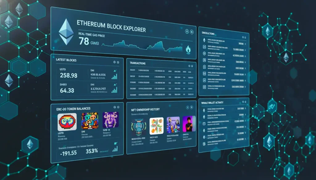 Ethereum blockchain, Blockchain explorer, Crypto tracker, Smart contract analytics, ERC-20 tokens, NFTs, On-chain transparency